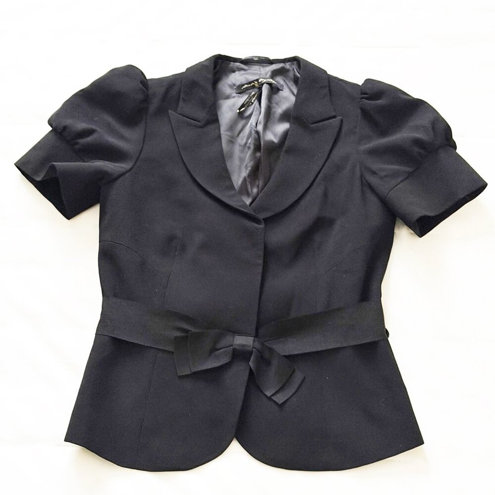 Sandra Angelozzi Black Short-Sleeve Formal Jacket with Ribbon Bow Belt